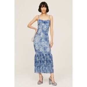 Mia Vesper Frond Mermaid Blue Printed Sleeveless Chiffon Maxi Dress Size Small